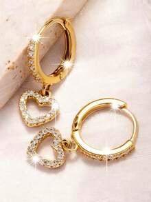 1 Pair Shiny Heart-Shaped Zirconia Encrusted Hoop Earrings, Delicate Heart Pendant Jewelry Gift For Women - Heart-shaped - View 5