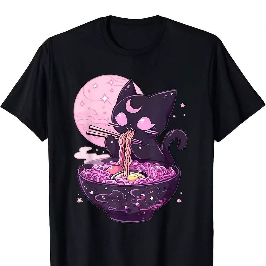 可爱黑猫星空拉面印花T恤 | 柔和梦幻的粉紫色，常规版型，舒适面料，休闲日常穿着 - 黑色 - 查看 1