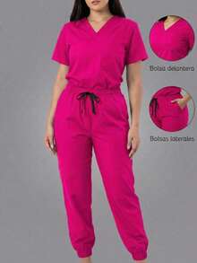 Conjunto uniforme médico quirúrgico set 2 piezas dama mujer manga corta cuello v pantalón jogger resorte cordón cómodo - Rosa Fucsia - Ver 1