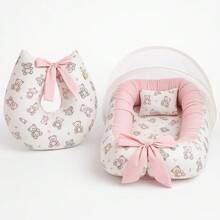 3-Piece Baby Nest Reducer Set With Teddy Bear Design, Pillow, And Mosquito Net For Girls And Boys - 淺粉色 - 查看 2