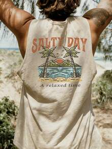 Coastal | Men's Lightweight Summer Vacation Palm Tree Letter Print Crew Neck Casual Tank Top - Apricot - View 3