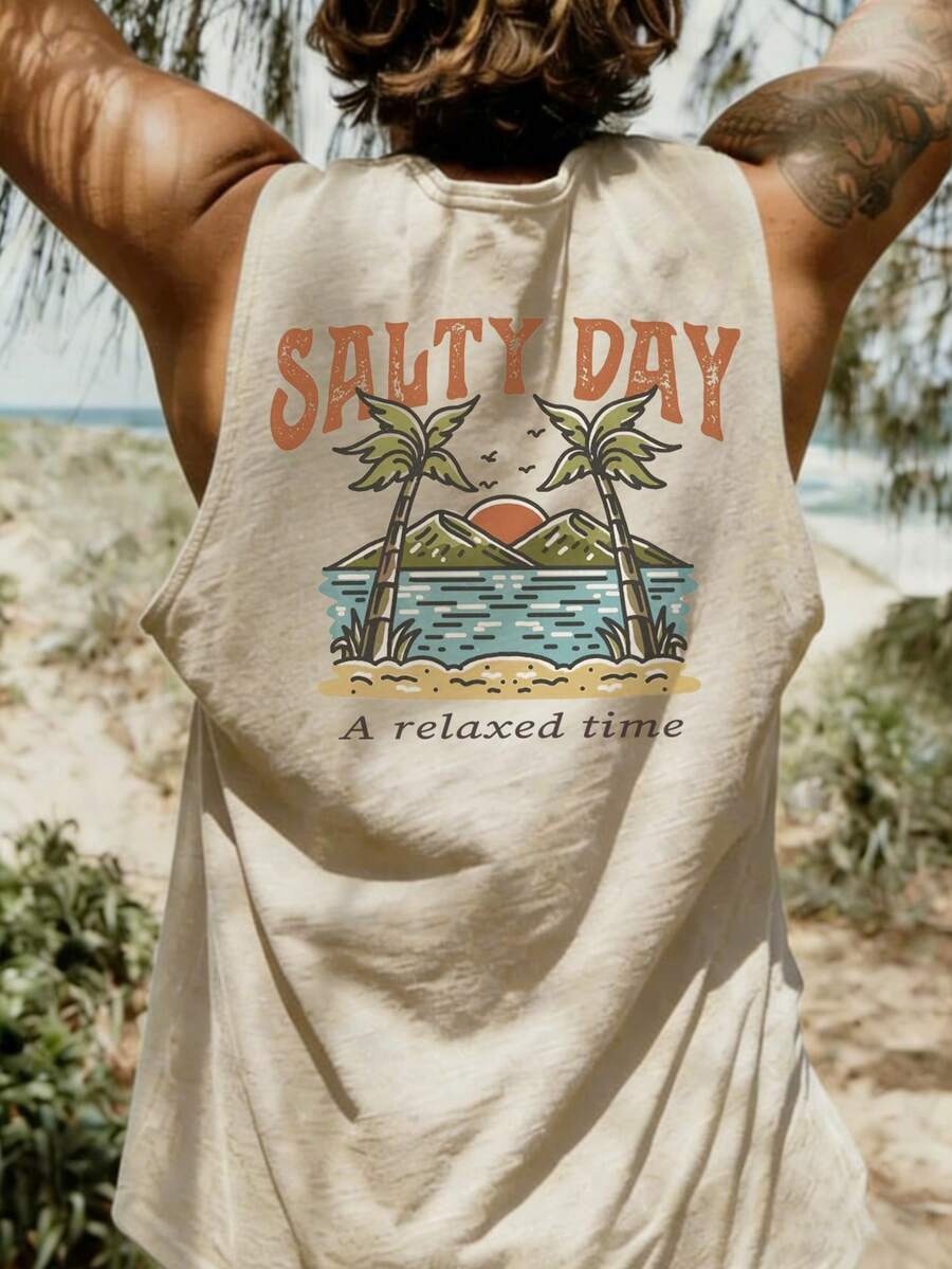 Coastal | Áo tank top nam nhẹ, cổ tròn, in chữ hình cây cọ, thích hợp cho kỳ nghỉ hè | Áo tank top thường ngày