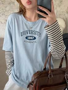 English Element Striped Long Sleeve Round Neck Loose Knit Blue & White Women T-Shirt, Vacation Casual Top For Spring Autumn, Valentine's Day - 2A24 Blue and White - KJ0262 - View 5