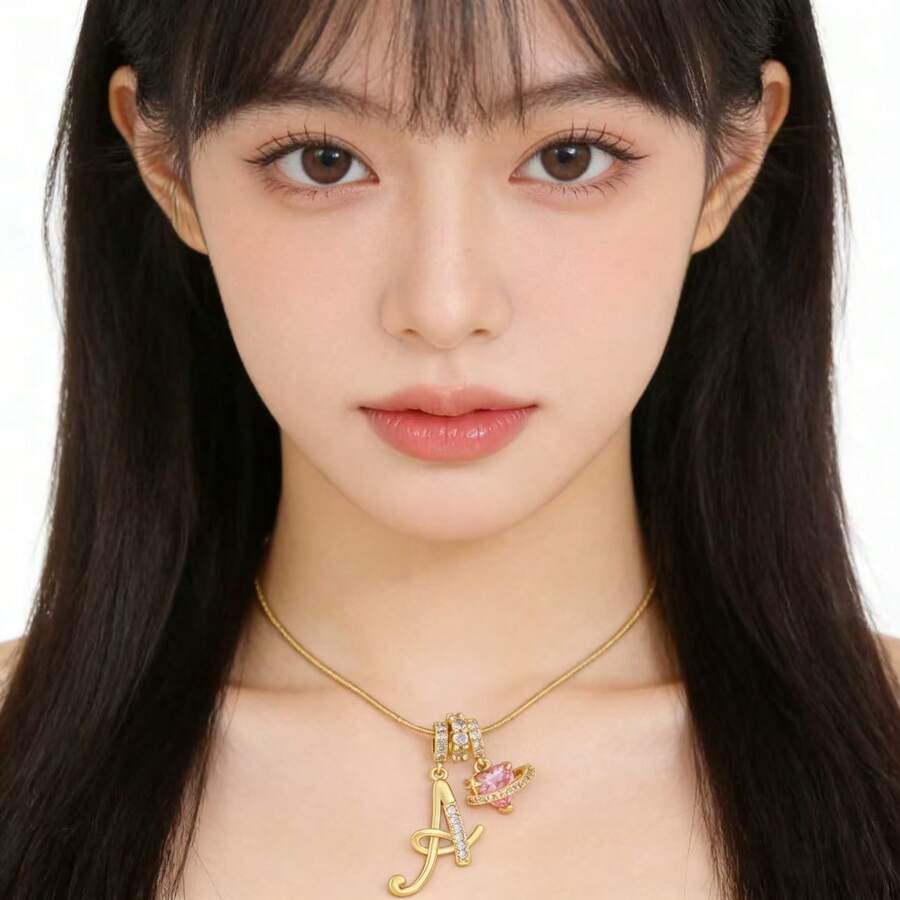 1 chiếc mặt dây chuyền hình trái tim đính đá Cubic Zirconia, thiết kế 26 chữ cái tiếng Anh. - Vàng - Xem 1