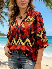 Vestido casual de vacaciones para mujer: Estampado geométrico con volante en el bajo, mangas farol, escote en V, corte holgado para verano - Rojo - Ver 11