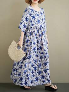 AZAH 2026 大码热带花卉印花 A 字长裙，短蝙蝠袖，圆领，带口袋，波浪蓝色花朵图案，女士长裙。这款休闲大码 A 字连衣裙采用圆领和蝙蝠袖设计，适合日常穿着，舒适百搭。度假优雅夏季之选。 - 藍色 - 查看 4