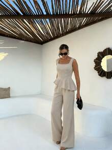 女士优雅简约日常通勤及休闲约会套装，杏色荷叶边下摆上衣和裤子 - 杏色 - 查看 4