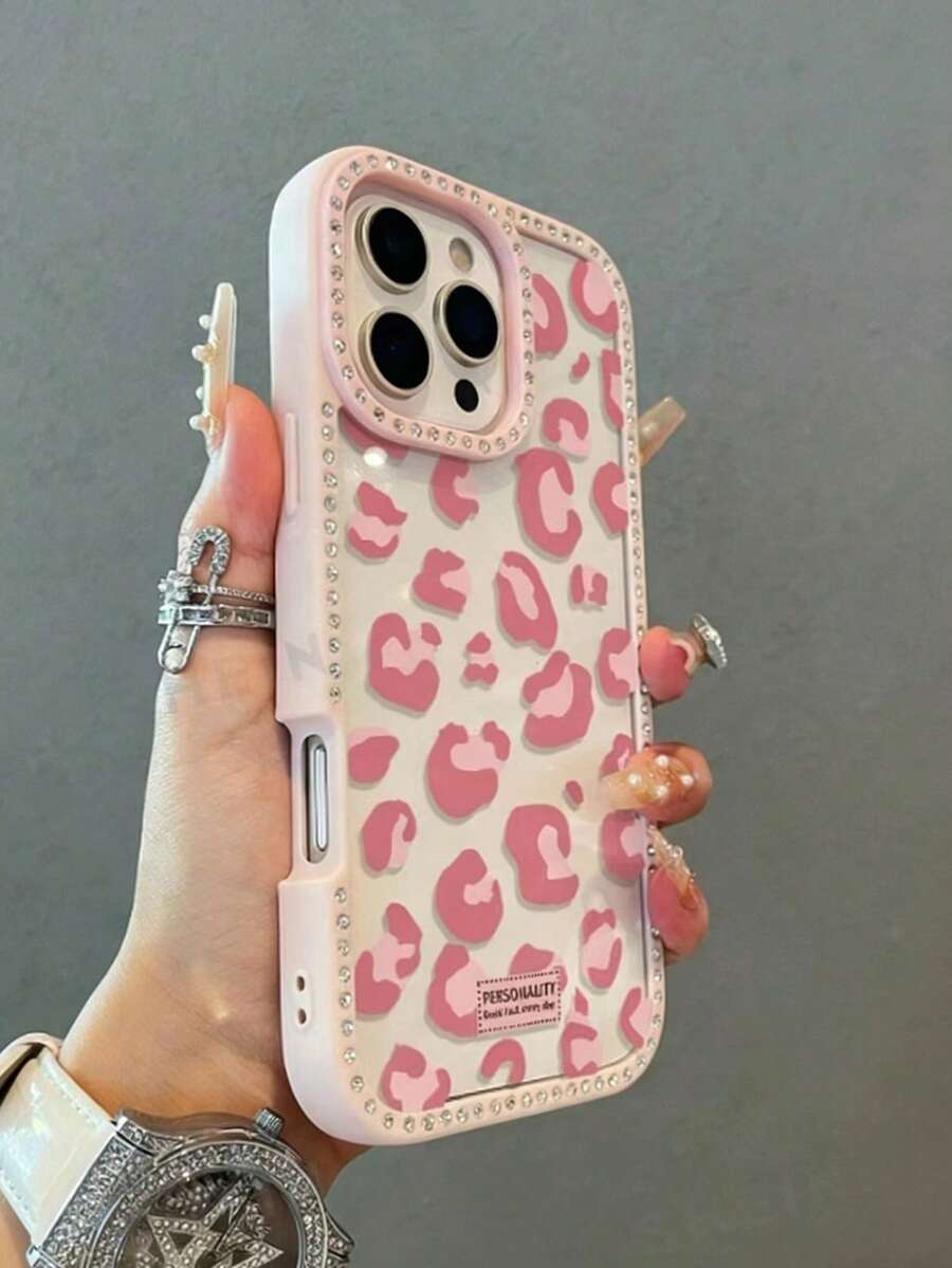 1 pieza Funda de teléfono de lujo con estampado de leopardo y rhinestones transparentes, compatible con iPhone 17/17 Air/17 Pro/17 Pro Max/16 16 Pro 16 Plus 16 Pro Max 15 14 13 Pro Max 13 12 11, funda de teléfono suave a prueba de golpes y caídas con cobertura completa - Rosa - Ver 1