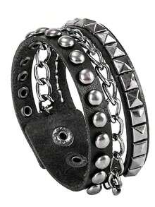 Punk Leather Cuff Bracelet - Goth Rock Leather Wristband With Chain - Đen - Xem 7