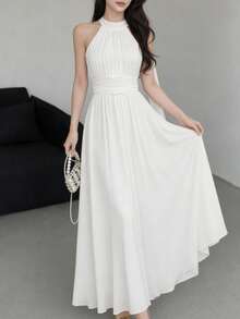 Women Spring Summer Elegant White Graduation Prom Evening Dress Sleeveless Halter Ruched A-Line Birthday Party Maxi Dresses Vacation Beach Festival Outfits Wedding Guest Formal Clothing - White - View 5