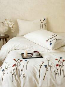 3件套柔软舒适褶皱纱布床品套装（1个被套+2个枕套，不含被芯），花卉植物乡村风格，适用于卧室、客房、男孩女孩，可机洗 - 白色 - 查看 13