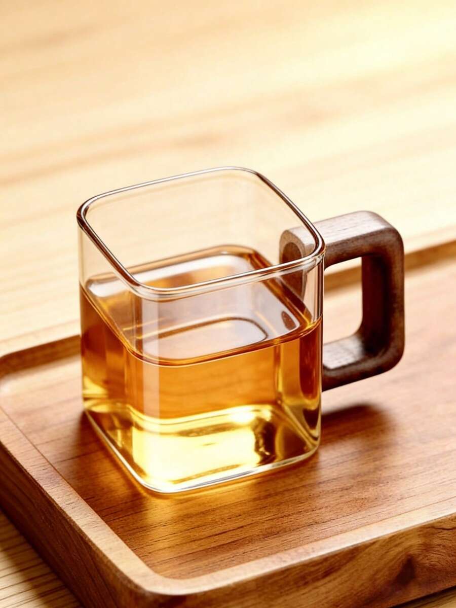 1pc/6pcs Wooden Handle Glass Cup, High Borosilicate Glass Tea Cup, Large Capacity Drinking Water Coffee Cup, Household Milk Tea Juice Single Layer Cup, Small Capacity Fresh Ground Coffee Cup, Walnut Wood Handle Coffee Cup, Household Breakfast Milk Tea Cup And Beverage, Holiday Gift, Mother's Day Gift, Father's Day Gift, Party Cup - Multicolor - View 1