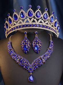 4pcs Luxurious & Elegant Rhinestone Queen Crystal Necklace, Earrings, Crown Bridal Wedding Headpiece Set For Women, Party & Gala - Multicolor - View 11