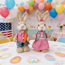 Easter Bunny Decoration Cute Straw Rabbit Figurines Table Centerpiece For Home Farmhouse Holiday Spring Party Tiered Tray Decor - Rose Red - View 4