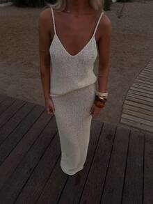 Conjunto de camiseta de tirantes y minifalda de estilo sexy de punto, al estilo europeo y americano, conjunto de ropa de playa de verano en blanco - Blanco - Ver 6
