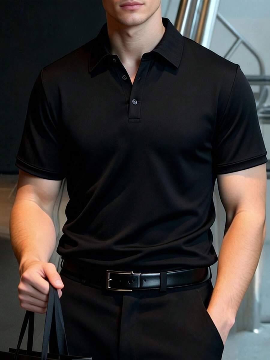 Men's Casual Business Banquet Fashion Minimalist Polo Shirt - Black - View 1