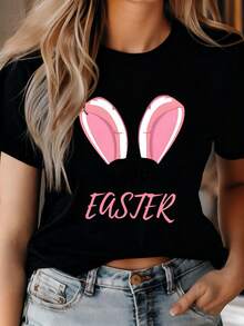 Women's T-Shirts - Easter Bunny Pattern - Letter - Round Neck - Funny And Cute Tops - Casual - Loose-Fitting Blouse With Letters - Leisure Shirt - 黑色 - 查看 2