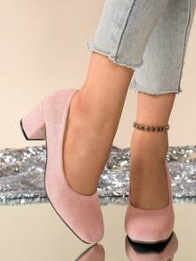 French Elegant Versatile Comfortable High Heel Pumps For Women, Spring/Autumn New Arrival Chunky Heel Non-Fatiguing Office Work Shoes - Pink - View 2
