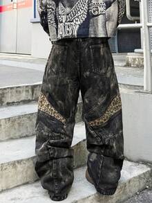 1pc Men'S Loose Black And Grey Denim Jeans |   Vintage Distressed Wash With Leopard Print Patches, Cargo Style With Multiple Panel Design, Y2K Street Hip-Hop Fashion, Available In Multiple Sizes (Belt And Additions Not Included) - Style - View 9