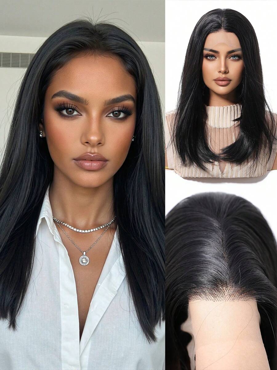 13x4蕾丝前额合成假发，14英寸自然黑色短款耐热纤维假发，自然层次感假发，适合女性日常派对佩戴 - 黑色 - 查看 1