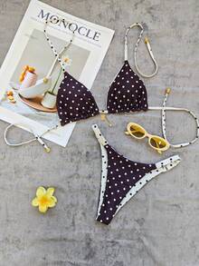 女士时尚休闲棕黄波点比基尼套装，双面可穿，适合海滩、春夏穿着 - 彩色 - 查看 4