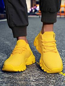 Men's Yellow Sneakers With Breathable Knit Upper – Fashionable Chunky Sole Athletic Shoes For Comfortable Walking, Casual Wear, And Outdoor Adventures, Excellent Gift Choice - 黃色 - 查看 4