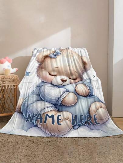 1pc Customizable Name Bear Pattern Blanket, Warm And Cute Style - Made Of Knitted Flannel Fabric With Digital Printing, Comfortable For All Seasons, Soft And Warm Flannel, Versatile Use For Sofa, Bed, Travel, Camping, Office - Easy Care, Ideal For Napping, Camping And Travel.