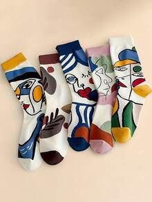 2/5 Pairs Mixed Color Random High-End Oil Painting Portrait Design Unisex Crew Socks, Unique Style - Multicolor - View 5