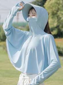 1pc Ice Silk Hooded Sunscreen Jacket, Women Summer New Breathable Riding Sun Protection Hooded Shawl Sunscreen Clothing, Beach Essentials - Multicolor - View 4
