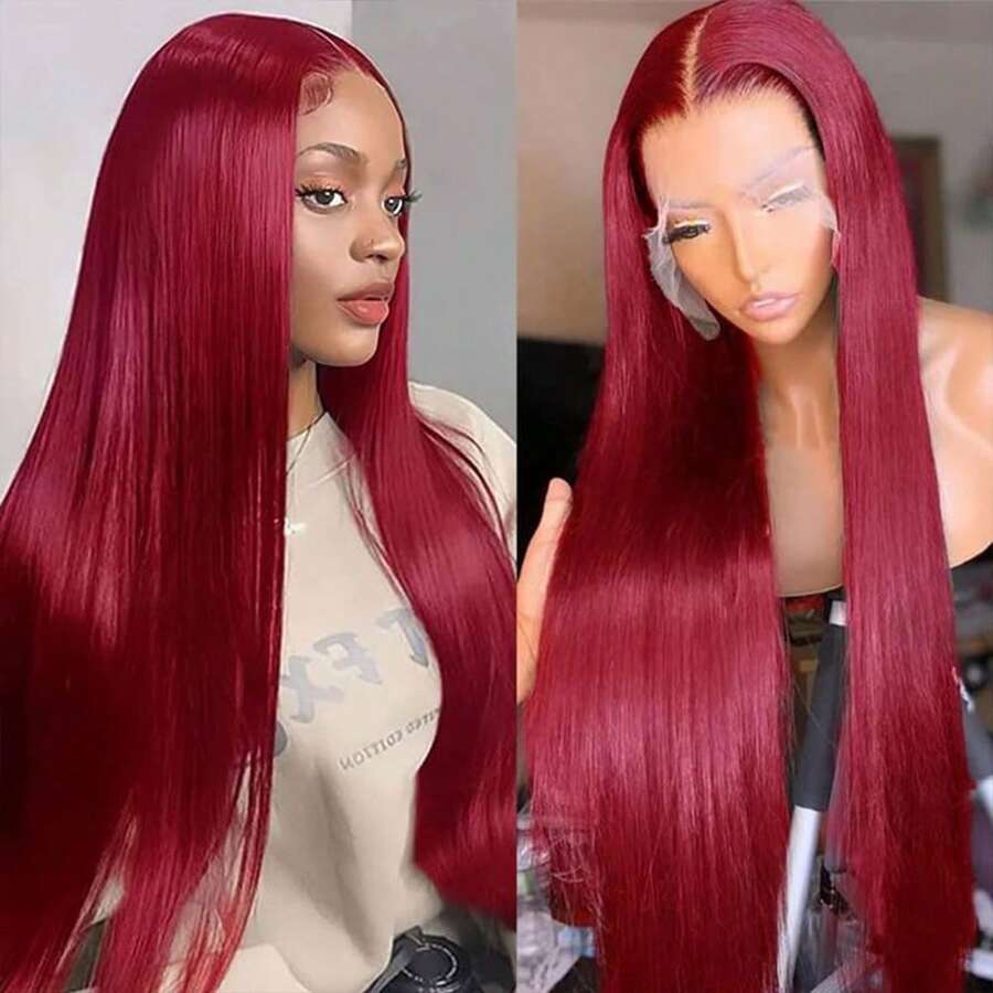 99J Burgundy Wine Red Brazilian Human Hair Wig 13x4 Lace Front 180% Density Straight Pre-Plucked Natural Look Wig For Women, All Ethnicities Styling Versatility - S99J - View 1