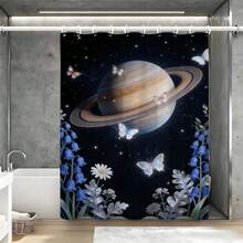 土星蓝蝴蝶浴帘，闪耀的星球上点缀着虹彩蝴蝶和风铃草，宇宙背景，防水涤纶材质，带挂钩，太空奇幻主题浴室装饰，梦幻星空风格卫生间装饰礼品 - 藍白 - 查看 5