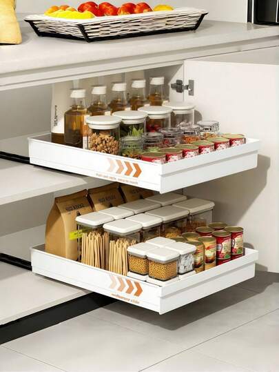 Estantería deslizante para gabinete - Expandible, fijación con adhesivo nano, ahorro de espacio, ajustable, duradera, fácil de instalar, adecuada para estantes de almacenamiento de alimentos en la cocina y la sala de estar (con rieles deslizantes)