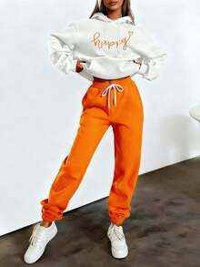 2026 LC Fashion Comfortable Classic Happy Letter Print Plus Size Women's Sports, Suitable As A Family And Friends Casual Daily Wear Hoodie Autumn And Winter, Unisex, Fall Clothes Plus Size, Sweatshirt, Fall Clothes Women,, Vacation Outfits Women, Valentine's Gifts, Summer Outfits Tops - 白色+橙色 - 查看 1