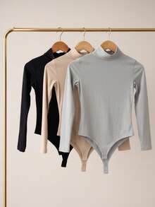 Women's Bodysuit Kit, High Neck, Long Sleeve, Second Skin, Basic, Versatile, Fashion Blogger Style, - 黑米灰 - 查看 1