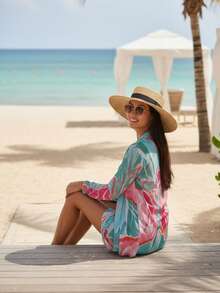 Beach Cover-Up Set: Shirt Dress + Tulle Bandana | Summer 2026 Fashion Blogger - Họa tiết hoa màu hồng - Xem 2