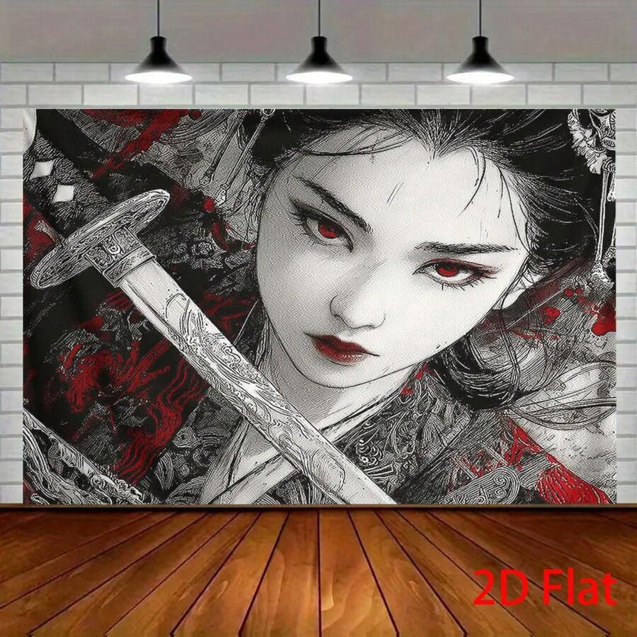 1件装女性武士动漫挂毯 - 大型黑白武士持刀图案，红色树叶背景，文字 - 易于悬挂，适用于家居装饰、主题派对、拍照背景 - 彩色 - 查看 1