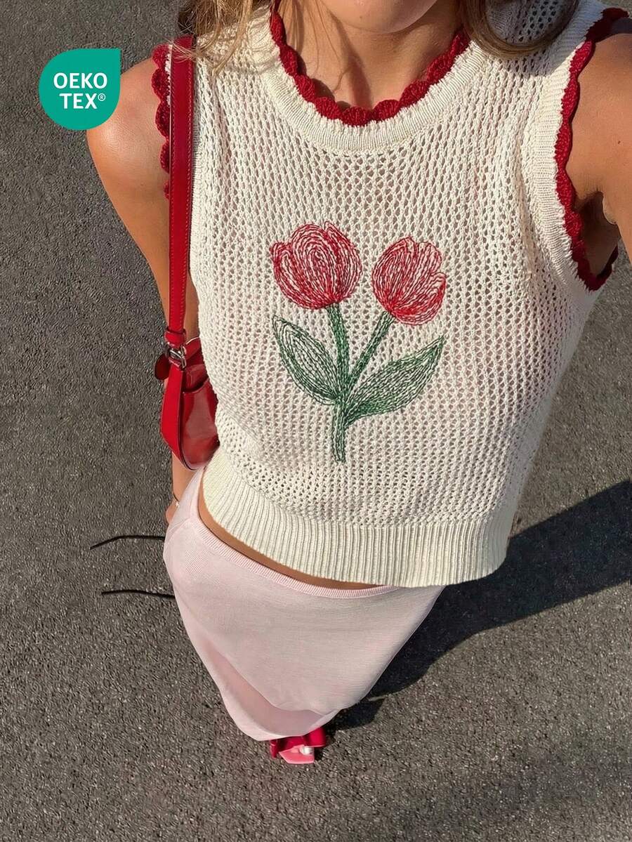 女士夏季新款复古时尚无袖圆领针织上衣，红色郁金香花朵刺绣钩编薄纱夏季背心，休闲百搭，夏季上衣，女士优雅上衣，度假装扮，碎花上衣，刺绣印花图案上衣