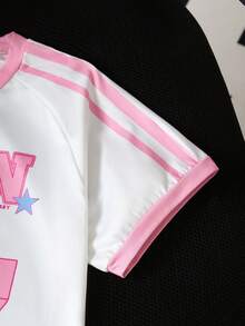 2pcs/Set Girls Casual Sports Chic American College Style Classic Side Stripe Number 67 Letter Print Loose Comfortable Raglan Sleeve T-Shirt And Shorts Set, Spring/Summer - Pink - View 5