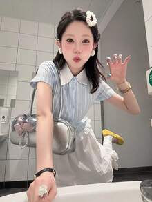 2-In-1 Polo Collar Short Sleeve Striped Patchwork Cropped Shirt For Women, Summer - Blue - View 1