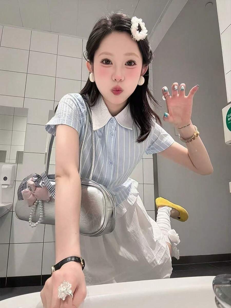 2-In-1 Polo Collar Short Sleeve Striped Patchwork Cropped Shirt For Women, Summer - Blue - View 1