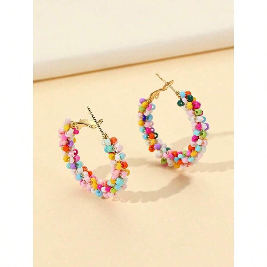 1pair Fashion Beaded Hoop Earrings For Women For Ear Decoration - 彩色 - 查看 1