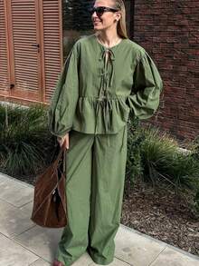 女士时尚休闲度假风绿色镂空系带长袖衬衫搭配高腰阔腿裤两件套，通勤套装，沙滩装春季必备 - 墨綠色 - 查看 2