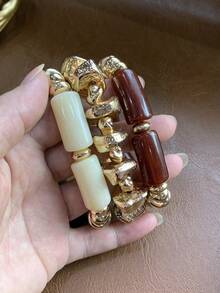 3pcs/Set Vintage Boho Thick Multi-Layer Brown Acrylic Beaded Bracelet, Fashion Luxury Accessory For Women, Couples, Party, Daily Wear - Multicolor - View 3