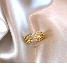 1枚奢华简约十字架设计锆石镶嵌镀金戒指，母亲节最佳礼物，结婚订婚戒指，宴会、舞会、派对珠宝 - 金黃色 - 查看 2