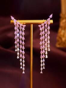 1 Đôi bông tai dài sang trọng đính đá Cubic Zirconia màu hồng tuyệt đẹp, kiểu dáng tua rua hình giọt nước, thích hợp cho đám cưới, tiệc cưới, trang sức dự thi sắc đẹp dành cho nữ, thiết kế độc đáo. - Hồng - Xem 9