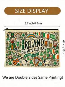 爱尔兰主题化妆包和旅行洗漱包 - 精灵和三叶草印花化妆品收纳包，8.6 英寸 x 6 英寸（22 x 15 厘米），耐用的爱尔兰设计，圣帕特里克节或圣诞节爱尔兰主题礼物，可重复使用的洗漱包，2D 平面设计。 - 彩色 - 查看 5