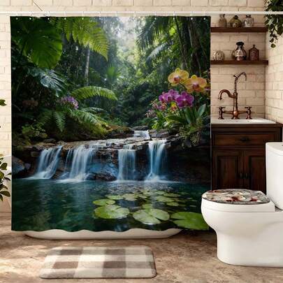 Tropical Orchid Rainforest Waterfall Shower Curtain, Green Foliage With Colorful Orchids Lily Pads Pattern Waterproof Mildew Resistant Polyester Bath Curtain Set With Hooks, Exotic Jungle Themed Bathroom Decor For Home, Vibrant Tropical Style Restroom Decoration Gift