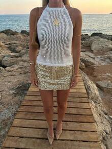 Women's Minimalist Elegant Knit Top, Casual Chic Style, Spring/Summer - White - View 4