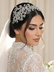 1pc Luxury Handmade Bridal Headband, Crystal Alloy Flower Hair Hoop, Fashion Hair Accessory Suitable For Wedding, Party, Celebration, Ball - 銀色 - 查看 1