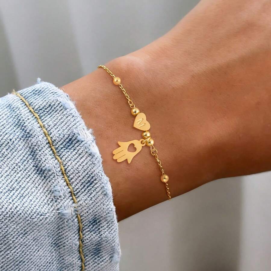 1pc New Fashion Classic Heart Initial Hamsa Hand Pendant Golden Stainless Steel Bead Chain Bracelets For Women - Yellow Gold - View 1
